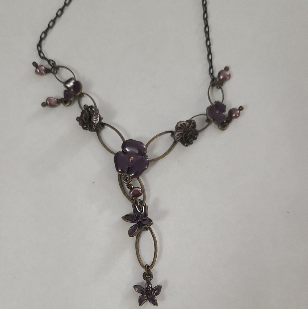 Pilgrim purple enamel floral bronze necklace, 14.5"-18".